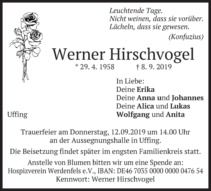  Traueranzeige für Werner Hirschvogel vom 10.09.2019 aus merkurtz