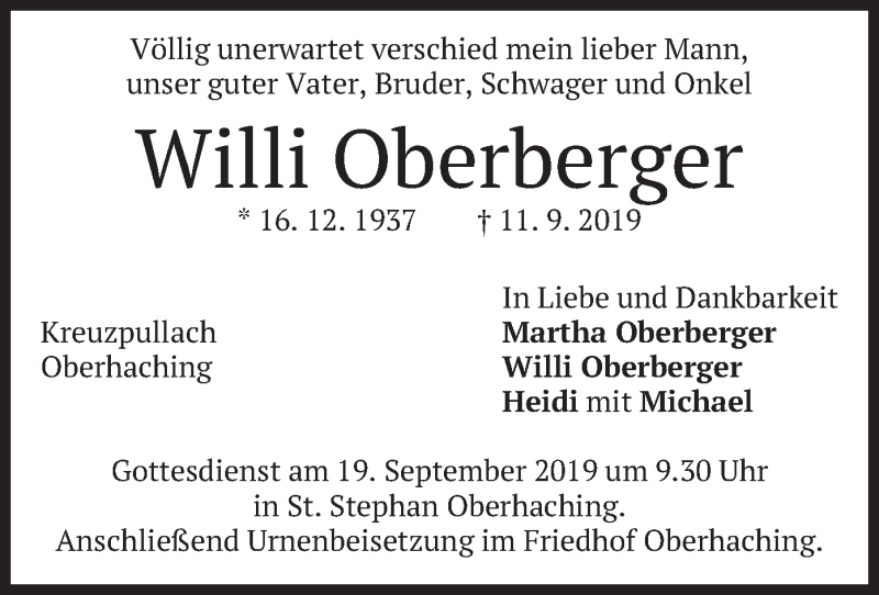  Traueranzeige für Willi Oberberger vom 14.09.2019 aus merkurtz
