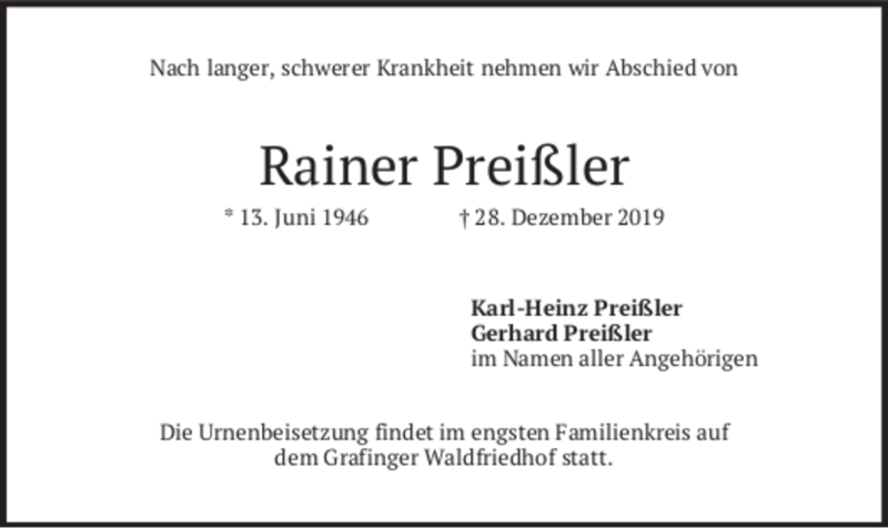  Traueranzeige für Rainer Preißler vom 09.01.2020 aus merkurtz