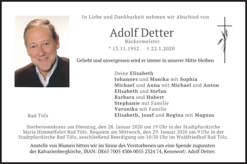  Traueranzeige für Adolf  Detter vom 25.01.2020 aus merkurtz