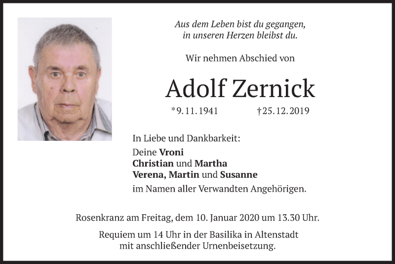  Traueranzeige für Adolf Zernick vom 07.01.2020 aus merkurtz