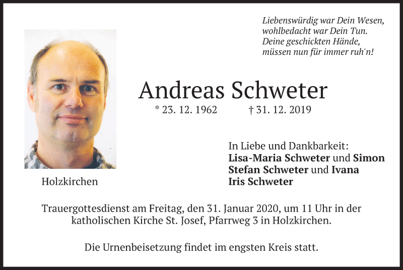  Traueranzeige für Andreas Schweter vom 25.01.2020 aus merkurtz