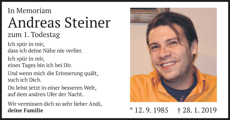  Traueranzeige für Andreas Steiner vom 28.01.2020 aus merkurtz