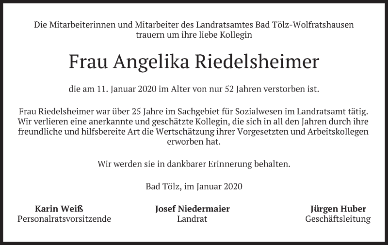  Traueranzeige für Angelika Riedelsheimer vom 01.02.2020 aus merkurtz