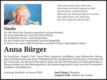Traueranzeige von Anna Bürger von merkurtz