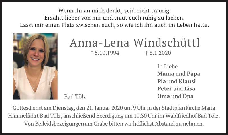  Traueranzeige für Anna-Lena Windschüttl vom 18.01.2020 aus merkurtz