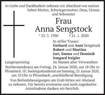 Traueranzeige von Anna Sengstock von merkurtz