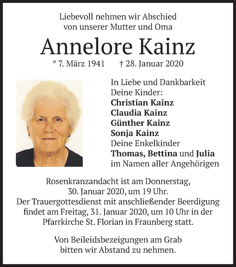  Traueranzeige für Annelore Kainz vom 30.01.2020 aus merkurtz