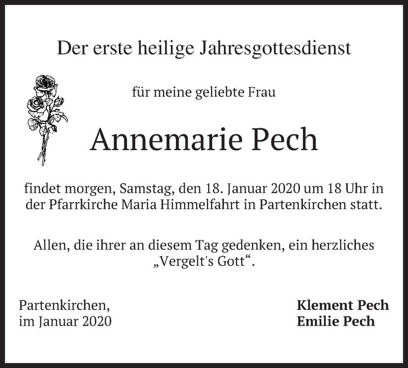  Traueranzeige für Annemarie Pech vom 17.01.2020 aus merkurtz