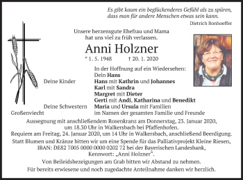 Traueranzeige von Anni Holzner von merkurtz