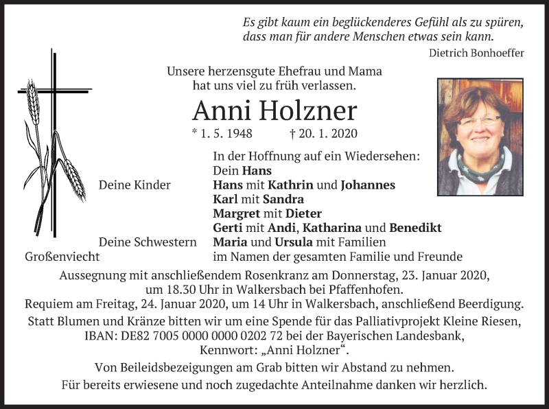  Traueranzeige für Anni Holzner vom 22.01.2020 aus merkurtz