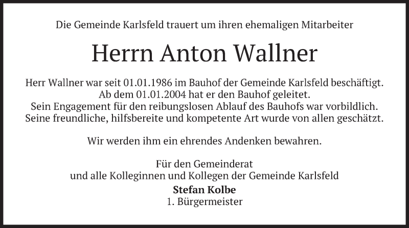  Traueranzeige für Anton Wallner vom 27.01.2020 aus merkurtz
