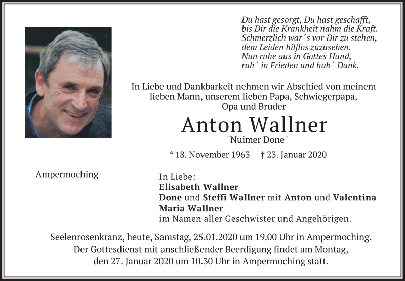  Traueranzeige für Anton Wallner vom 25.01.2020 aus merkurtz