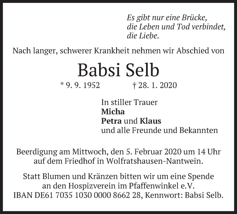  Traueranzeige für Babsi Selb vom 31.01.2020 aus merkurtz