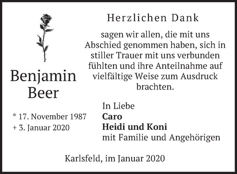  Traueranzeige für Benjamin  Beer vom 25.01.2020 aus merkurtz