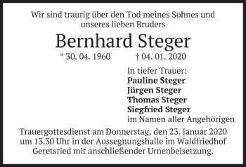 Traueranzeige von Bernhard Steger von merkurtz