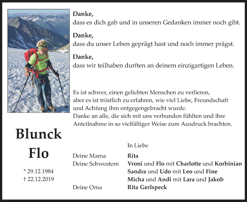  Traueranzeige für Blunck Flo vom 01.02.2020 aus merkurtz