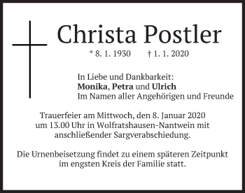 Traueranzeige von Christa Postler von merkurtz