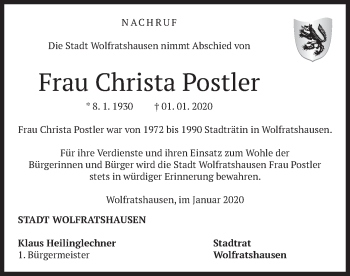 Traueranzeige von Christa Postler von merkurtz