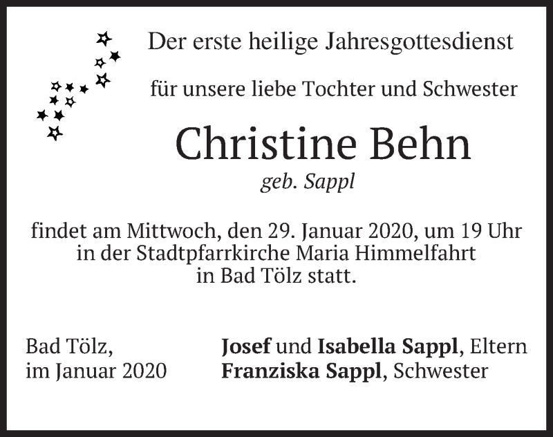  Traueranzeige für Christine Behn vom 25.01.2020 aus merkurtz