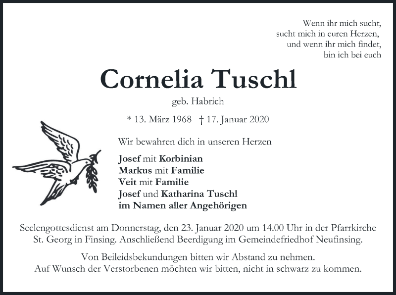  Traueranzeige für Cornelia Tuschl vom 21.01.2020 aus merkurtz