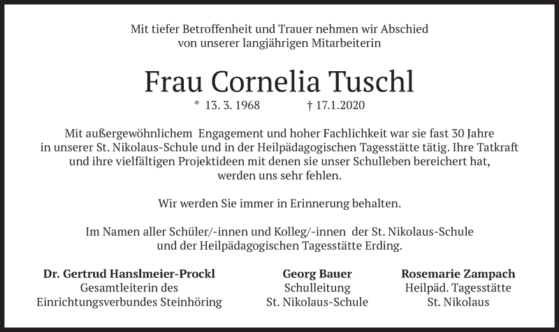  Traueranzeige für Cornelia Tuschl vom 22.01.2020 aus merkurtz