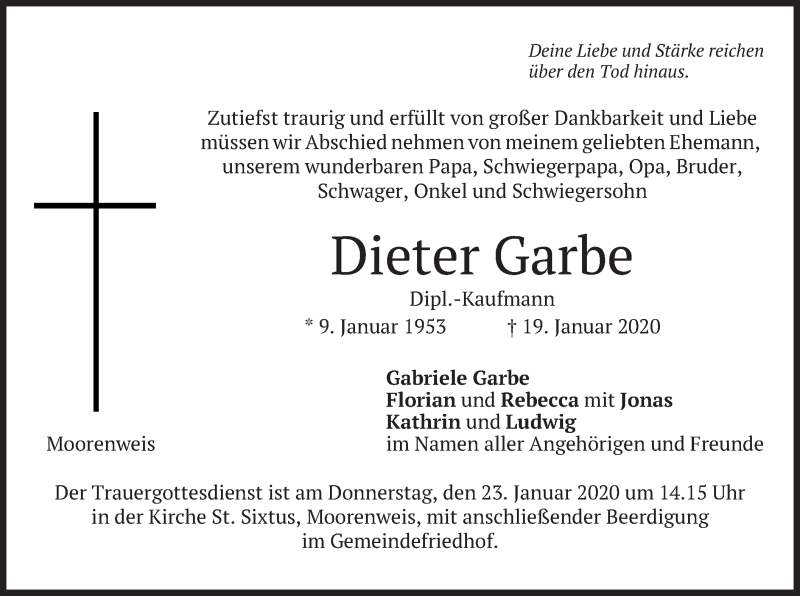  Traueranzeige für Dieter Garbe vom 21.01.2020 aus merkurtz