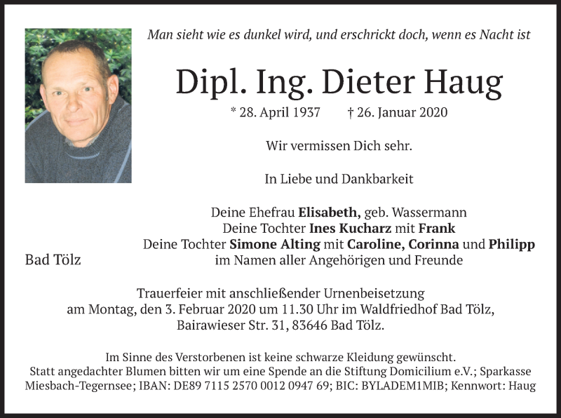  Traueranzeige für Dieter Haug vom 30.01.2020 aus merkurtz