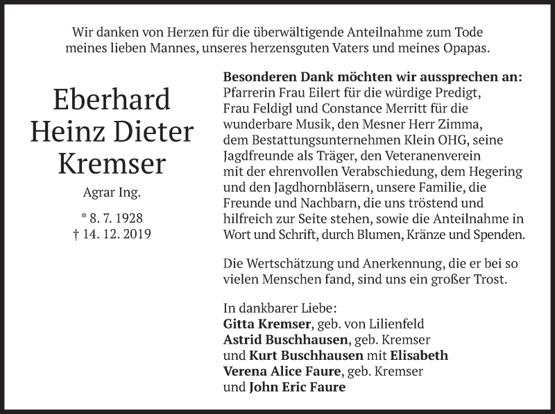  Traueranzeige für Eberhard Heinz Dieter Kremser vom 11.01.2020 aus merkurtz