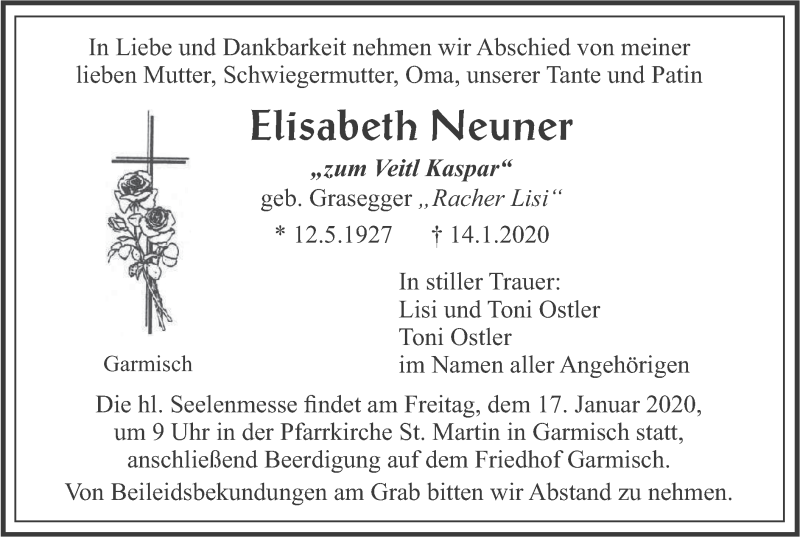  Traueranzeige für Elisabeth Neuner vom 16.01.2020 aus merkurtz