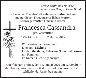 Traueranzeige von Francesca Cassandra von merkurtz