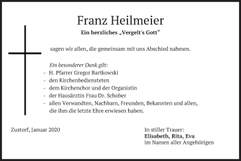 Traueranzeige von Franz Heilmeier von merkurtz