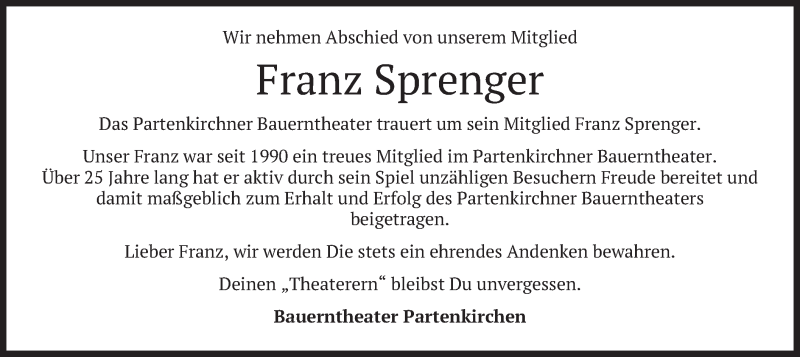  Traueranzeige für Franz Sprenger vom 22.01.2020 aus merkurtz
