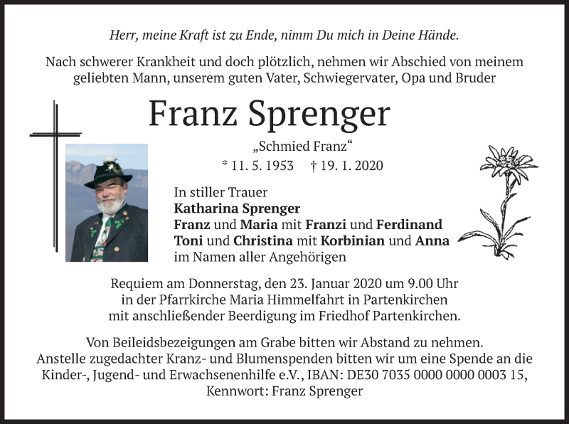  Traueranzeige für Franz Sprenger vom 21.01.2020 aus merkurtz