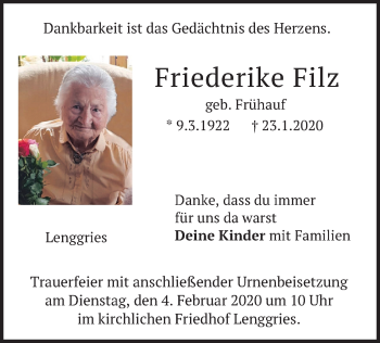 Traueranzeige von Friederike Filz von merkurtz