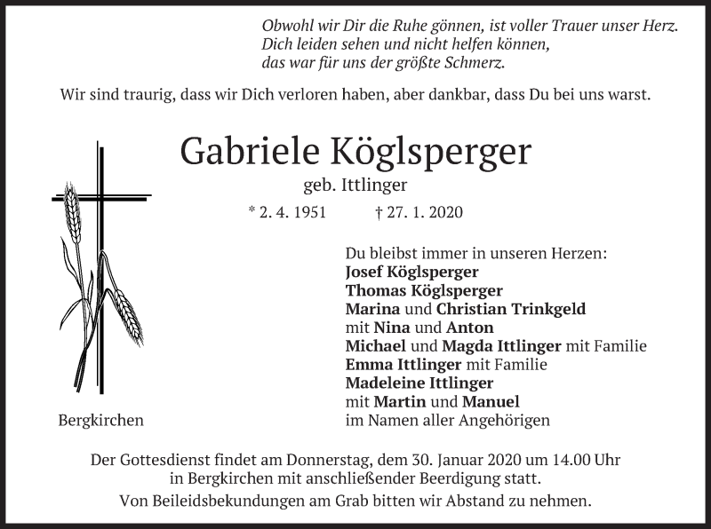  Traueranzeige für Gabriele  Köglsperger vom 29.01.2020 aus merkurtz