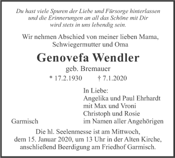 Traueranzeige von Genovefa Wendler von merkurtz