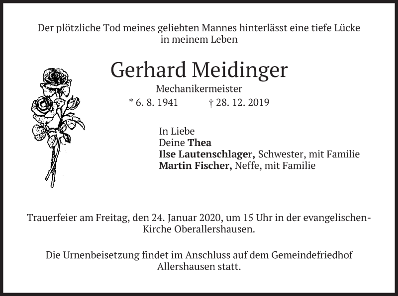  Traueranzeige für Gerhard Meidinger vom 18.01.2020 aus merkurtz