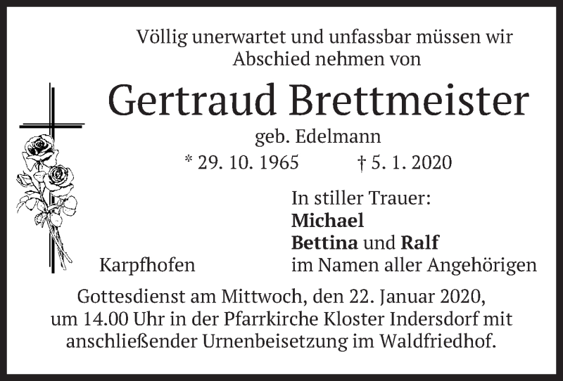  Traueranzeige für Gertraud Brettmeister vom 18.01.2020 aus merkurtz