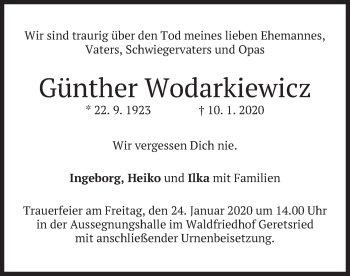 Traueranzeige von Günther Wodarkiewicz von merkurtz