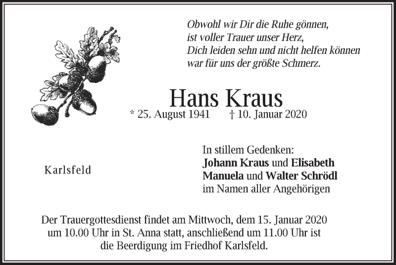  Traueranzeige für Hans Kraus vom 13.01.2020 aus merkurtz
