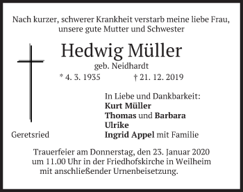 Traueranzeige von Hedwig Müller von merkurtz