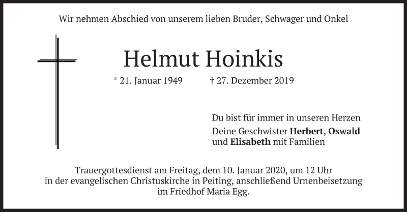  Traueranzeige für Helmut Hoinkis vom 07.01.2020 aus merkurtz