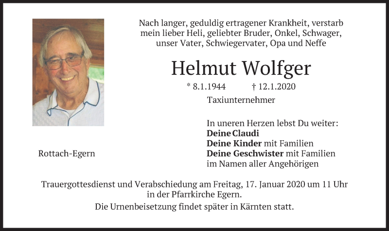  Traueranzeige für Helmut Wolfger vom 15.01.2020 aus merkurtz