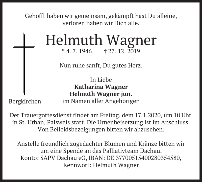  Traueranzeige für Helmuth Wagner vom 11.01.2020 aus merkurtz