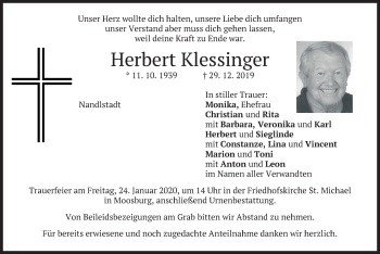 Traueranzeige von Herbert Klessinger von merkurtz