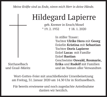 Traueranzeige von Hildegard Lapierre von merkurtz