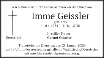 Traueranzeige von Imme Geissler von merkurtz