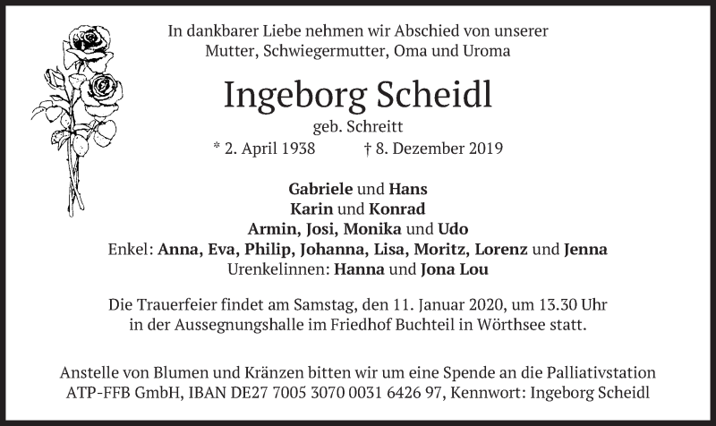  Traueranzeige für Ingeborg Scheidl vom 04.01.2020 aus merkurtz