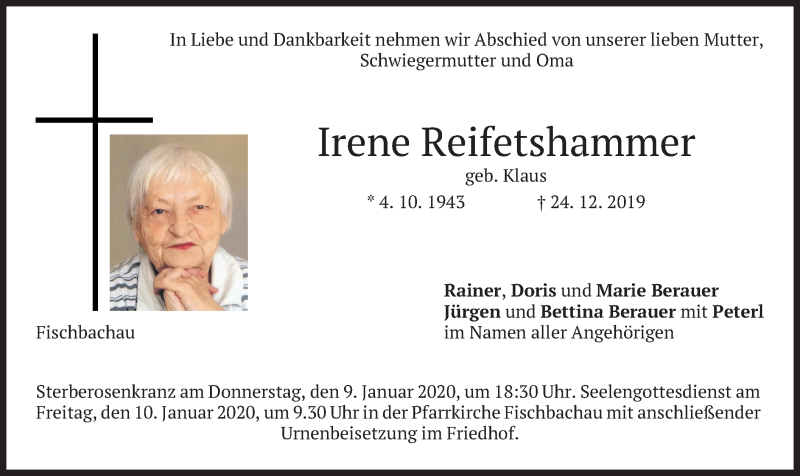  Traueranzeige für Irene Reifetshammer vom 08.01.2020 aus merkurtz